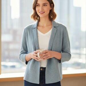 J.Jill $129 Large‎ Slate Teal Blue Open-Front Knit Blazer Long Sleeve Cardigan